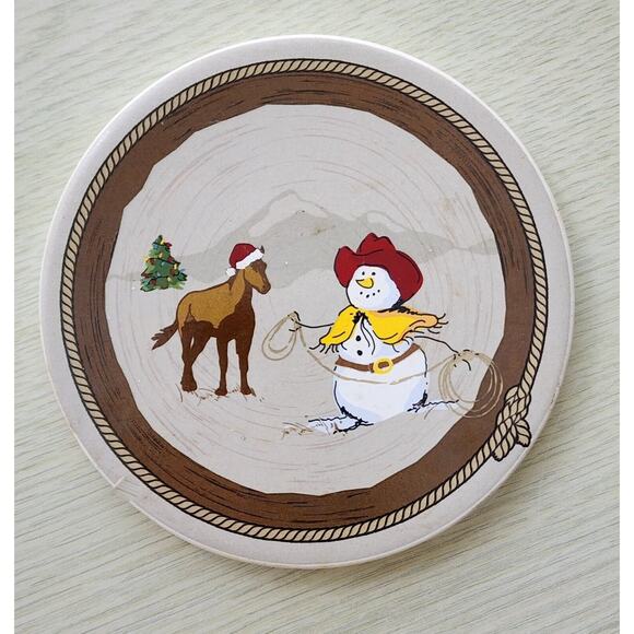 Coasters-Stoneware-Cowboy Theme-Snowman-Cork Backing-Set of 4 - Picture 2 of 8